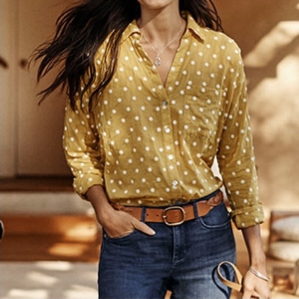 J. Jill Relaxed One Pocket Shirt Yellow with White Polka Dots Size Large